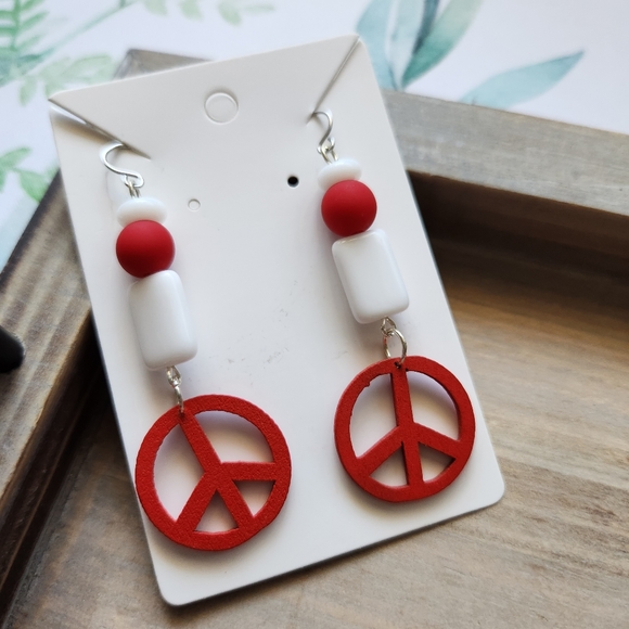 None Jewelry - Handmade Red & White Peace Sign Earrings